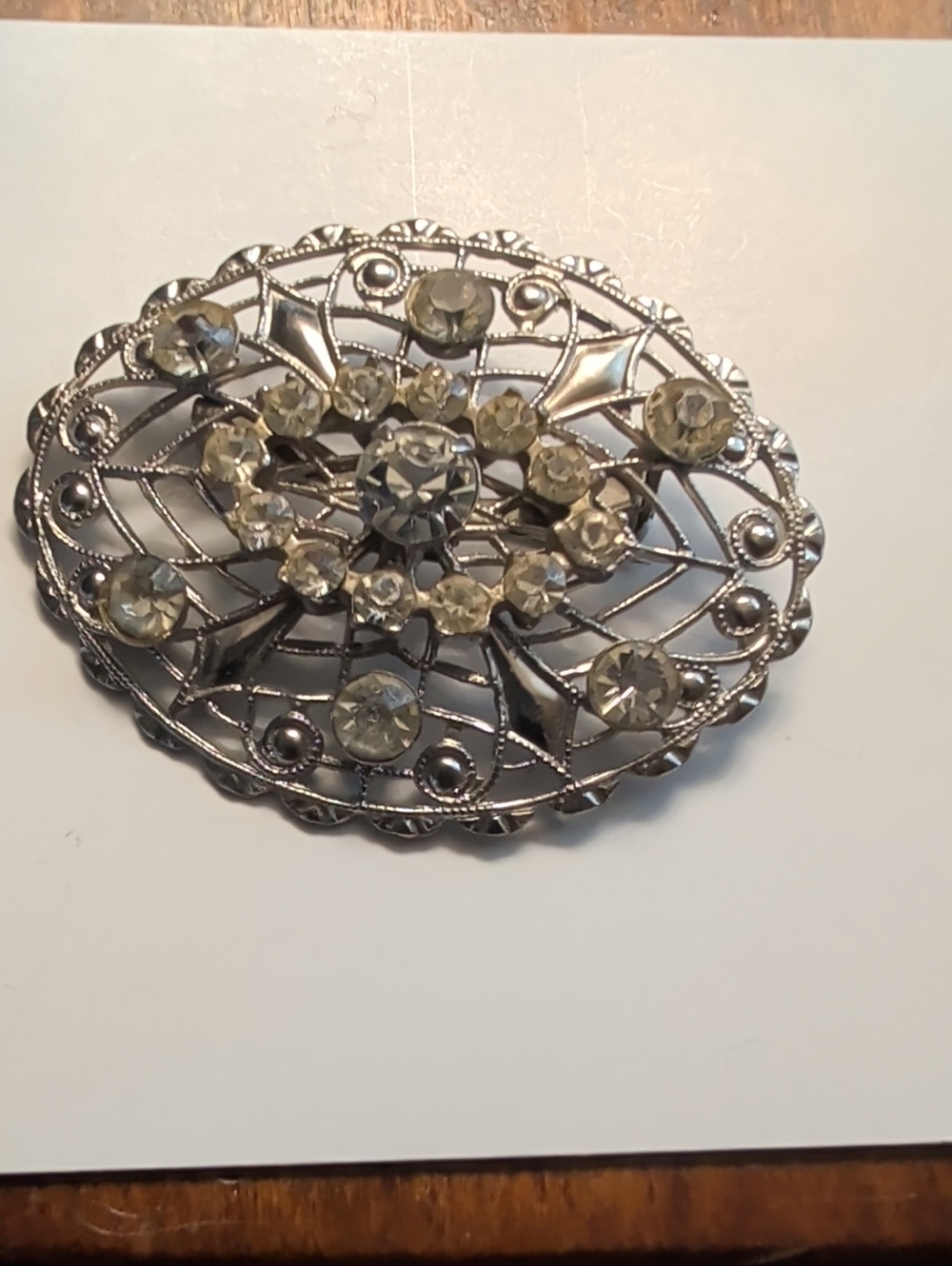 Brooch Oval Pin Vintage Filigree  Rhinestones 1.75" 1940 Floral Feminine